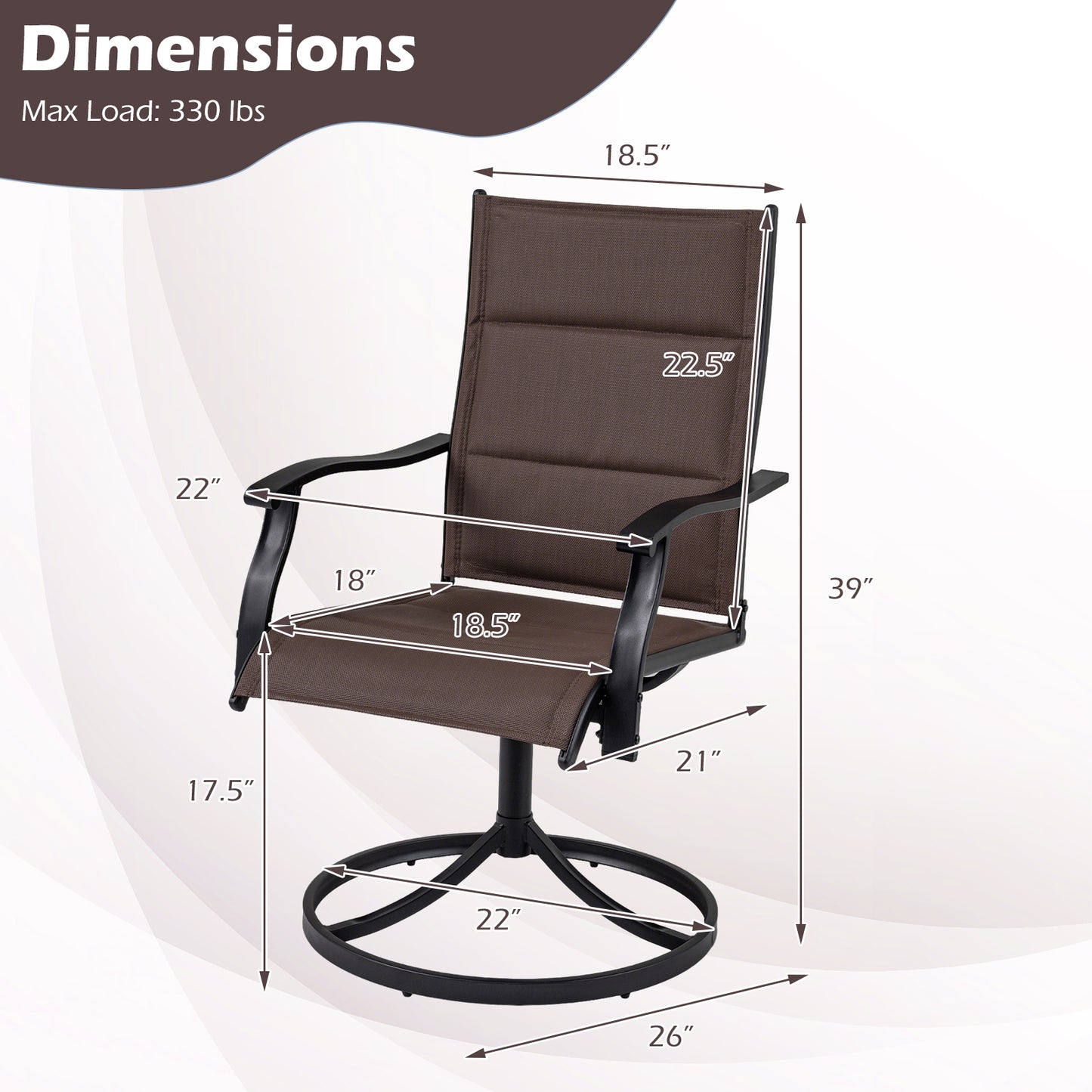 Padded Patio Swivel Chairs Set of 2 Ergonomic Outdoor Dining Chairs with Breathable Fabric-Brown