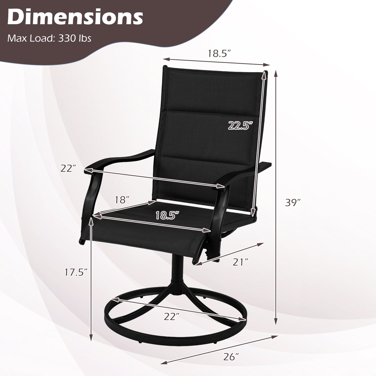 Padded Patio Swivel Chairs Set of 2 Ergonomic Outdoor Dining Chairs with Breathable Fabric-Black