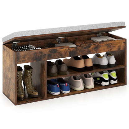 Padded Seat Shoe Bench with Hidden Storage and 3 Open Shelves