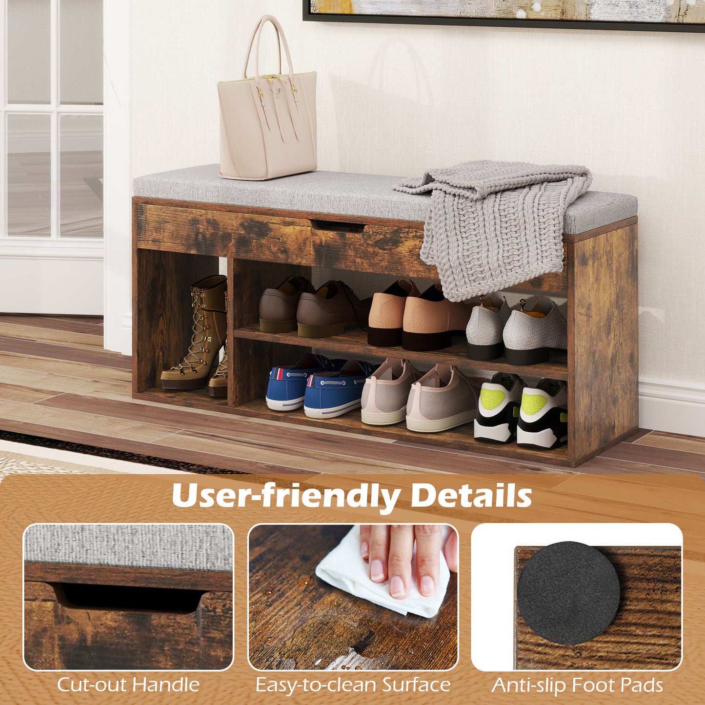 Padded Seat Shoe Bench with Hidden Storage and 3 Open Shelves