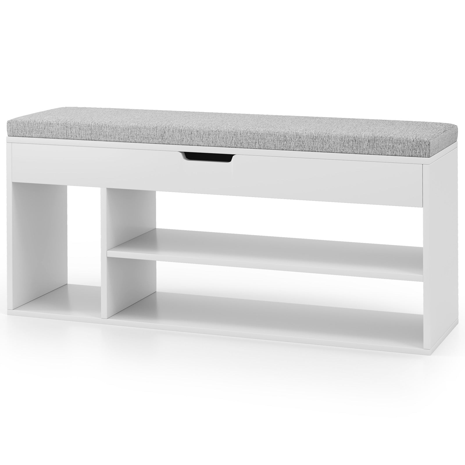 Padded Seat Shoe Bench with Hidden Storage and 3 Open Shelves-White - White