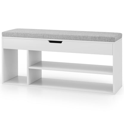 Padded Seat Shoe Bench with Hidden Storage and 3 Open Shelves-White - White