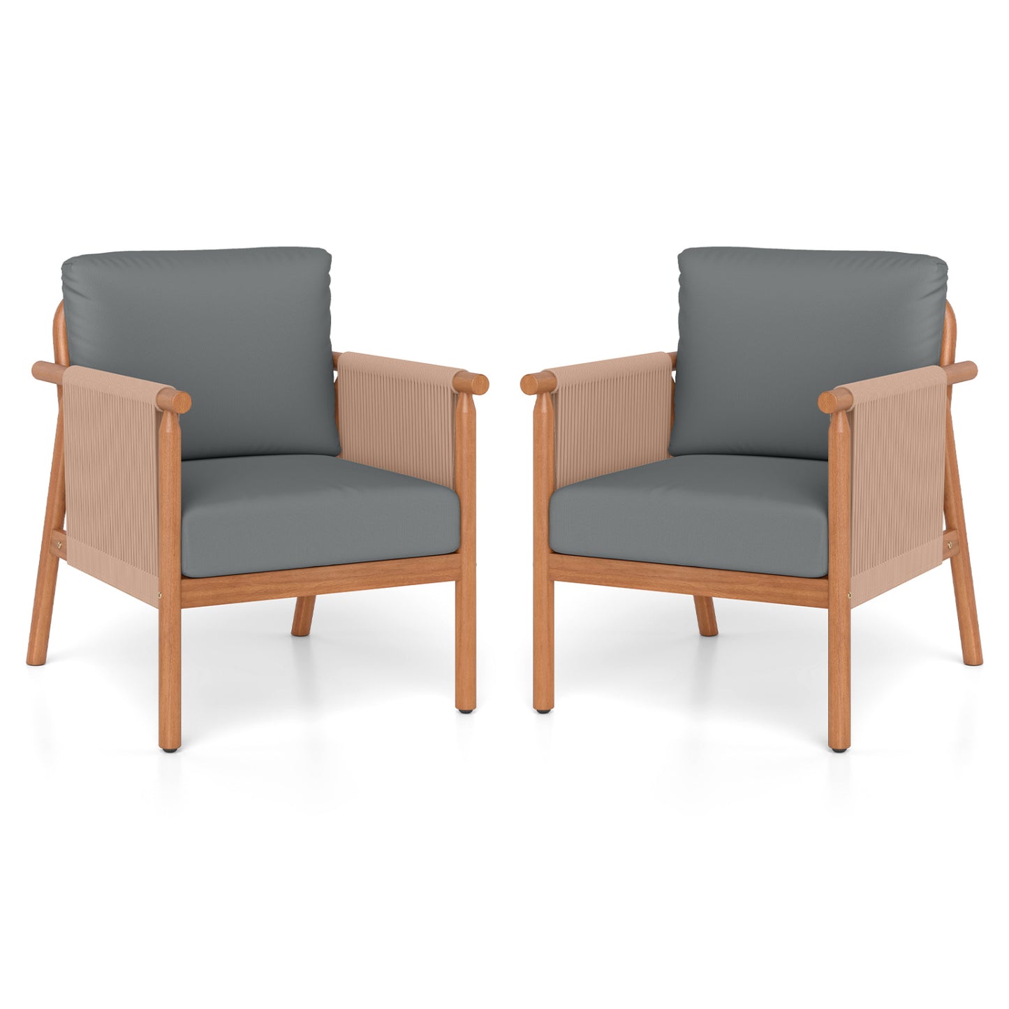 Patio Acacia Wood Chair Set of 2 with Woven Rope Armrests and Seat Back Cushions for Backyard