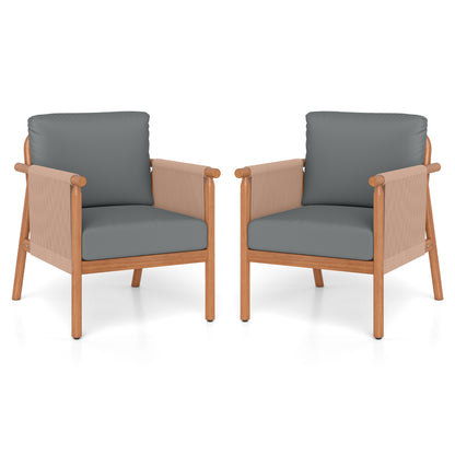 Patio Acacia Wood Chair Set of 2 with Woven Rope Armrests and Seat Back Cushions for Backyard