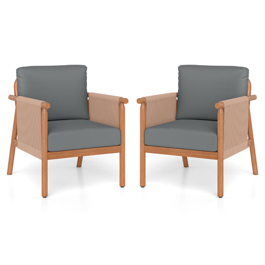 Patio Acacia Wood Chair Set of 2 with Woven Rope Armrests and Seat Back Cushions for Backyard
