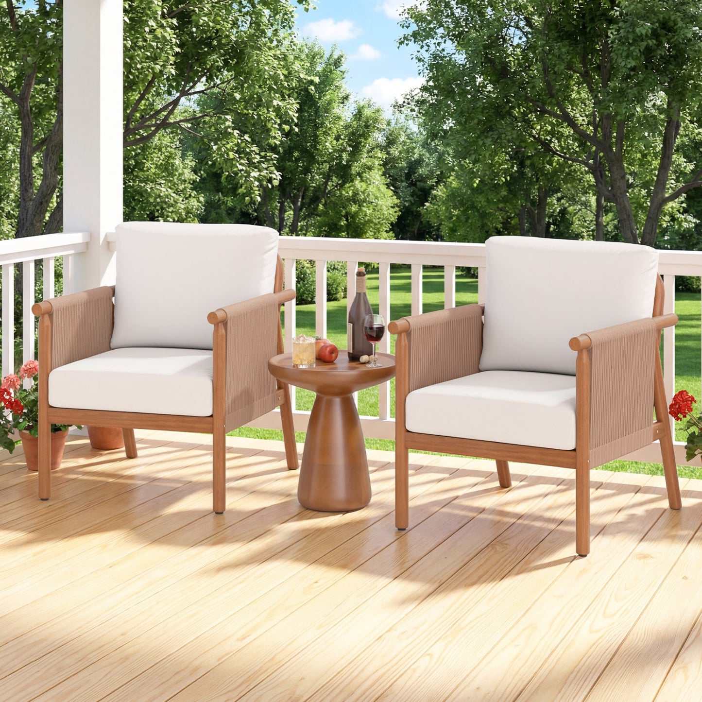 Patio Acacia Wood Chair Set of 2 with Woven Rope Armrests and Seat Back Cushions for Backyard