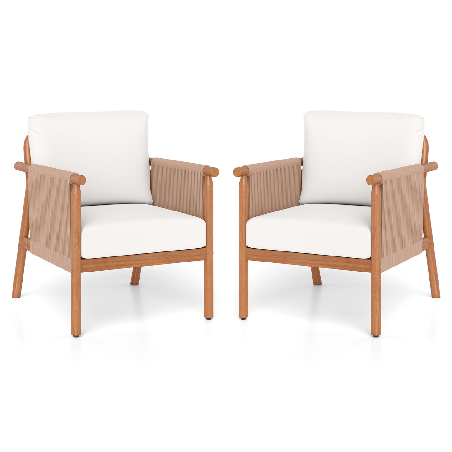 Patio Acacia Wood Chair Set of 2 with Woven Rope Armrests and Seat Back Cushions for Backyard