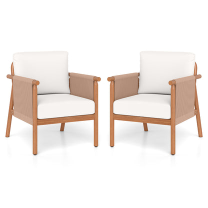 Patio Acacia Wood Chair Set of 2 with Woven Rope Armrests and Seat Back Cushions for Backyard