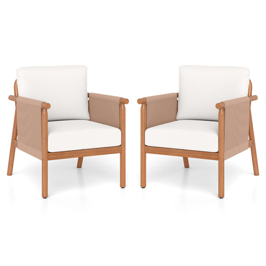 Patio Acacia Wood Chair Set of 2 with Woven Rope Armrests and Seat Back Cushions for Backyard