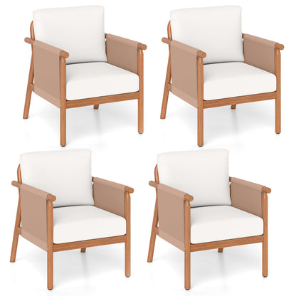 Patio Acacia Wood Chair Set of 4 with Woven Rope Armrests and Seat Back Cushions for Backyard