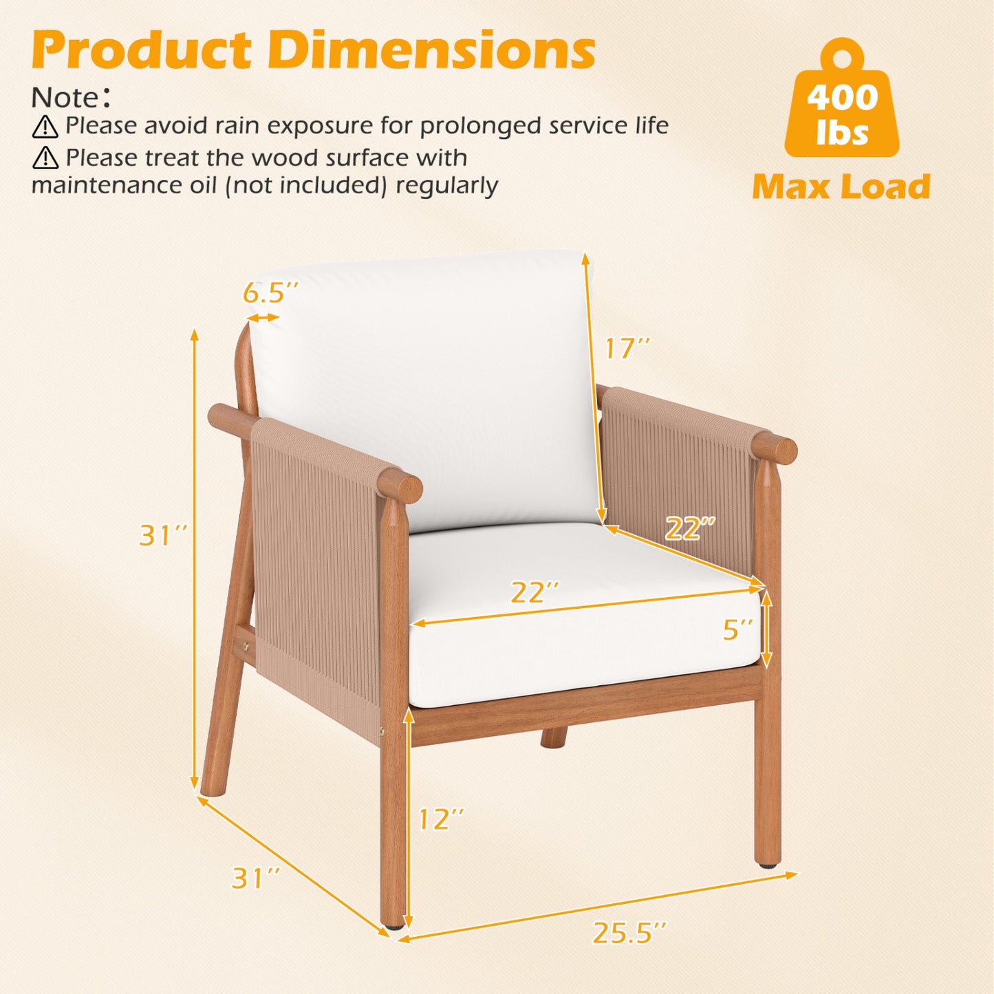 Patio Acacia Wood Chair Set of 4 with Woven Rope Armrests and Seat Back Cushions for Backyard