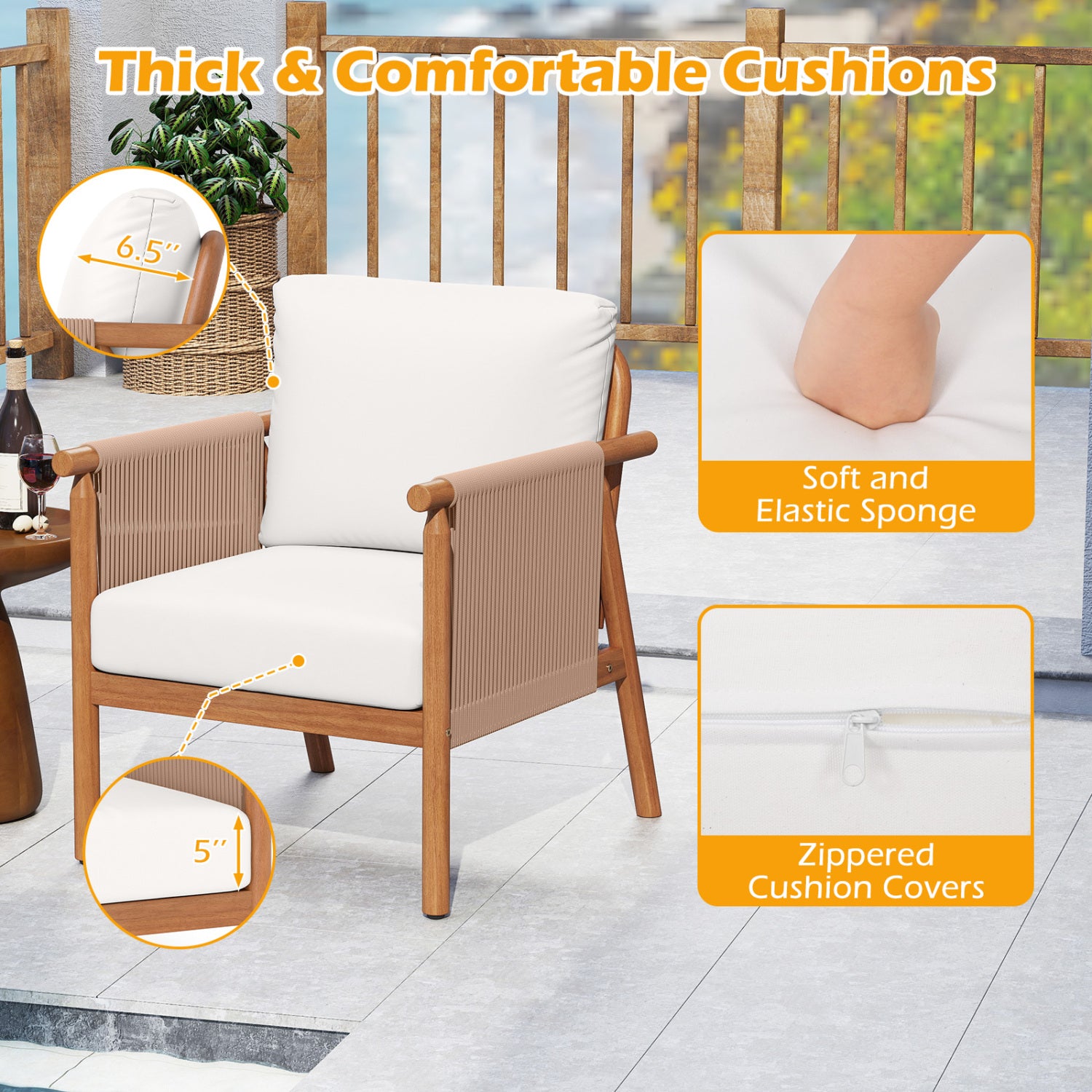 Patio Acacia Wood Chair Set of 4 with Woven Rope Armrests and Seat Back Cushions for Backyard