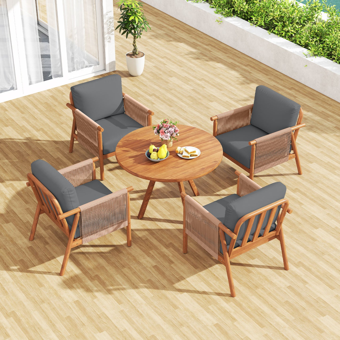 Patio Acacia Wood Chair Set of 4 with Woven Rope Armrests and Seat Back Cushions for Backyard