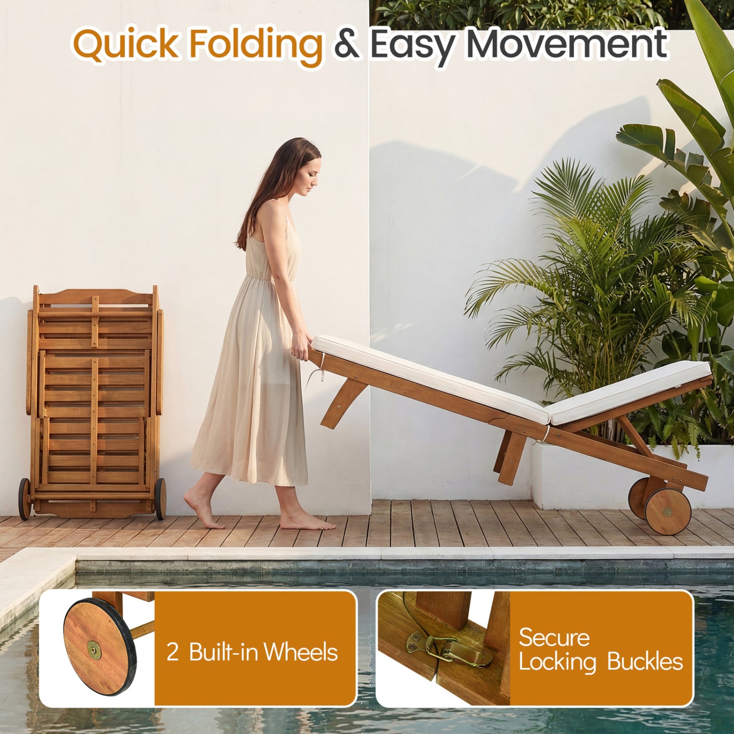Patio Acacia Wood Lounge Chair Chaise Recliner