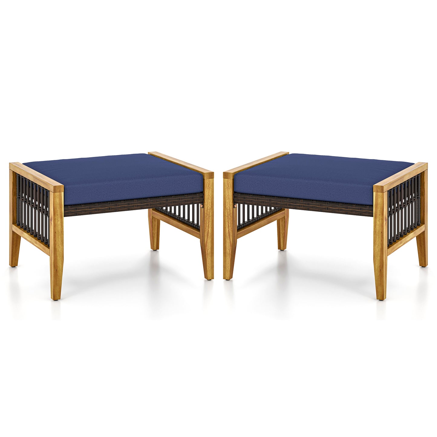 Patio Acacia Wood Ottomans with Cushions and Versatile Rattan Woven Footstools-Navy