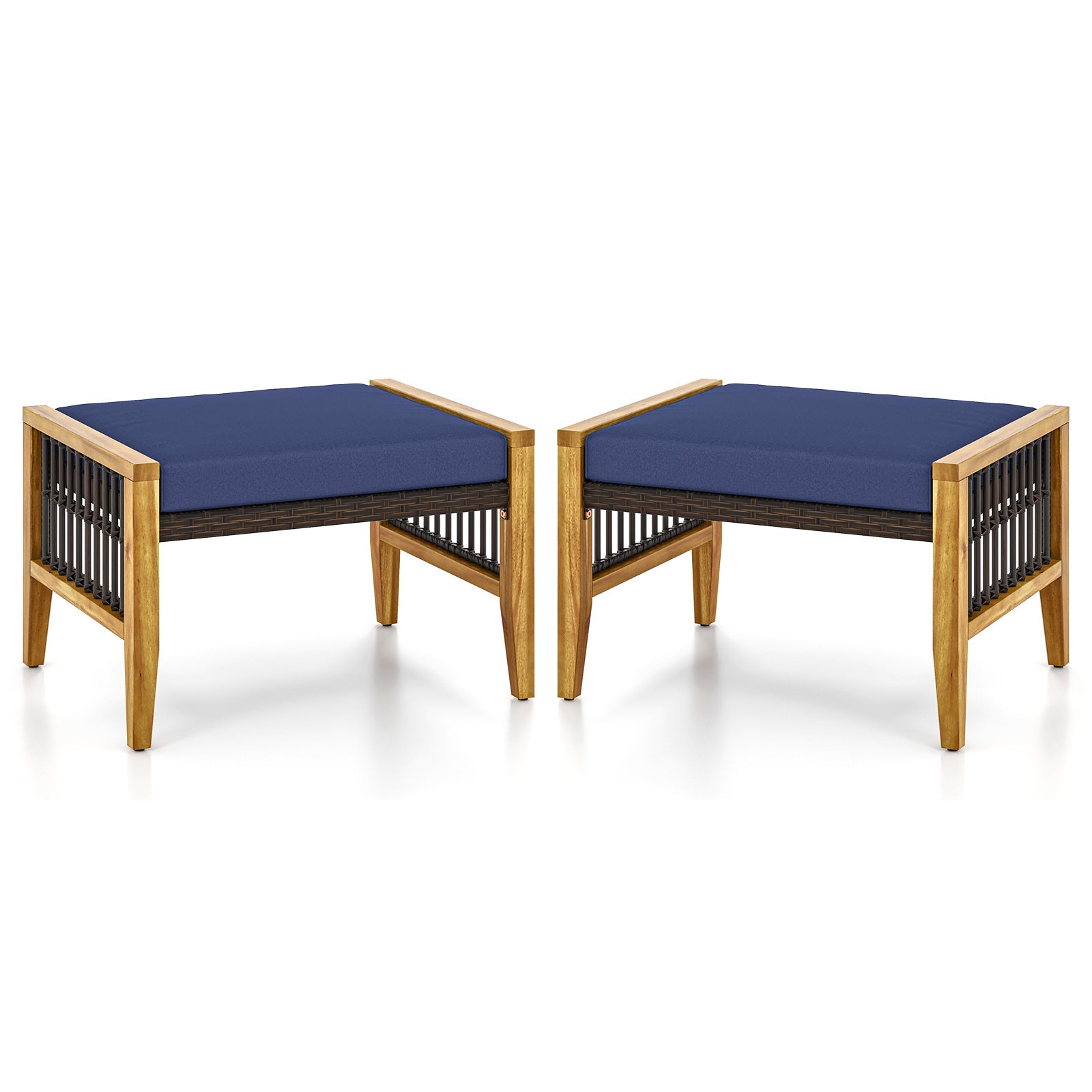 Patio Acacia Wood Ottomans with Cushions and Versatile Rattan Woven Footstools-Navy