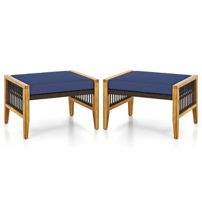 Patio Acacia Wood Ottomans with Cushions and Versatile Rattan Woven Footstools-Navy