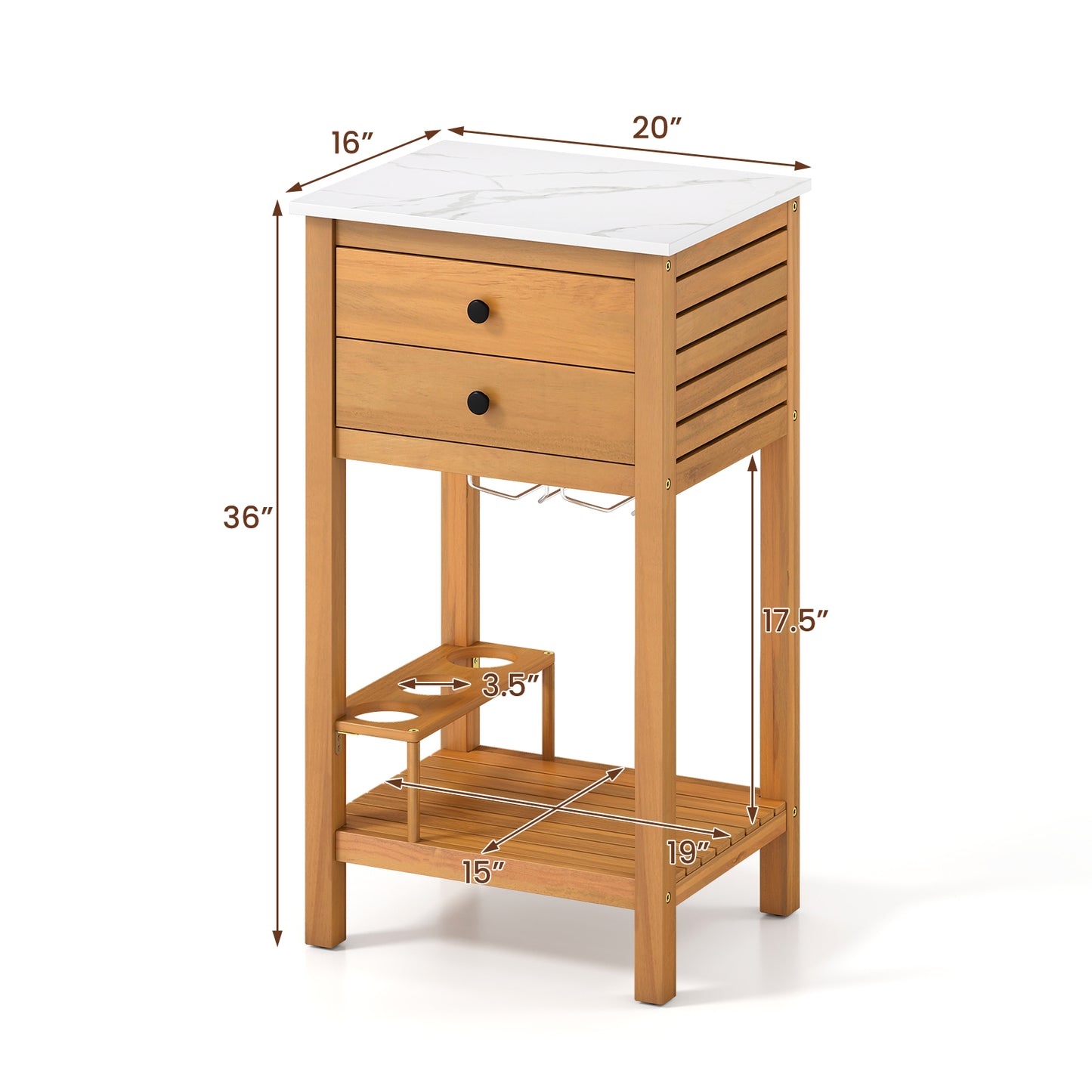 Patio Acacia Wood Storage Cabinet Patio Buffet Cabinet Bar Table with Faux Marble Countertop
