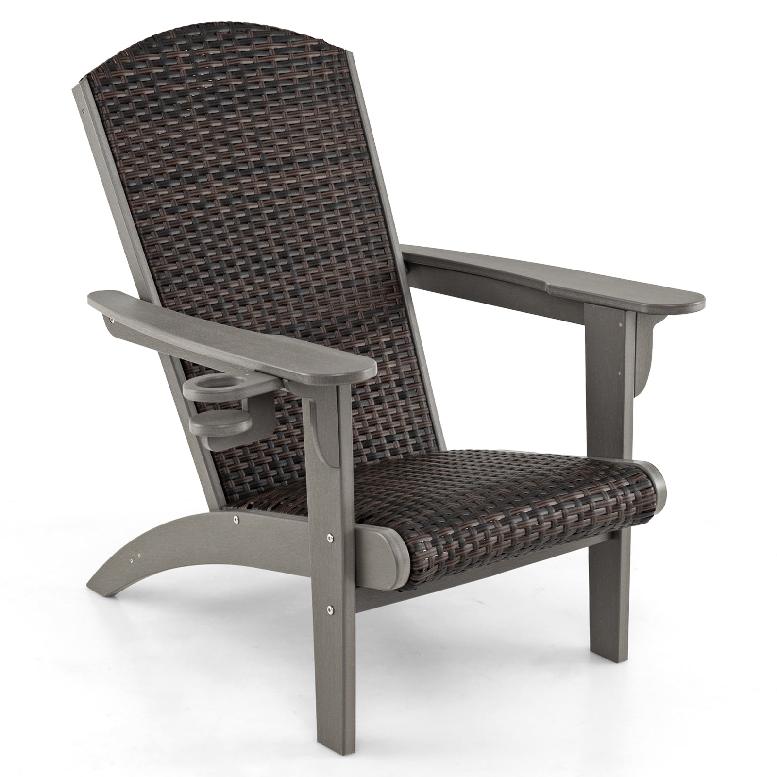 Patio Adirondack Chair with Rattan Padded Seat and Hidden Cupholder-Black - Gray