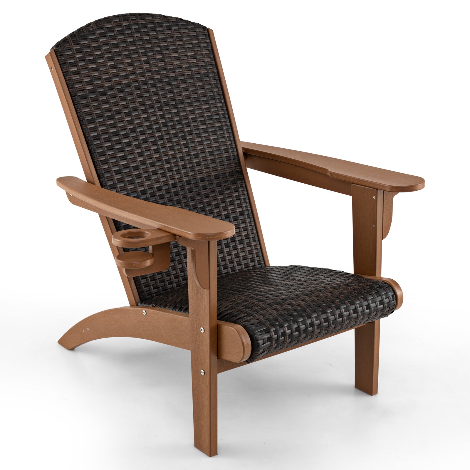 Patio Adirondack Chair with Rattan Padded Seat and Hidden Cupholder-Black - Coffee