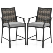 Patio Bar Stools Set of 2 Counter Height Rattan Bar Chairs with Armrest-Grey
