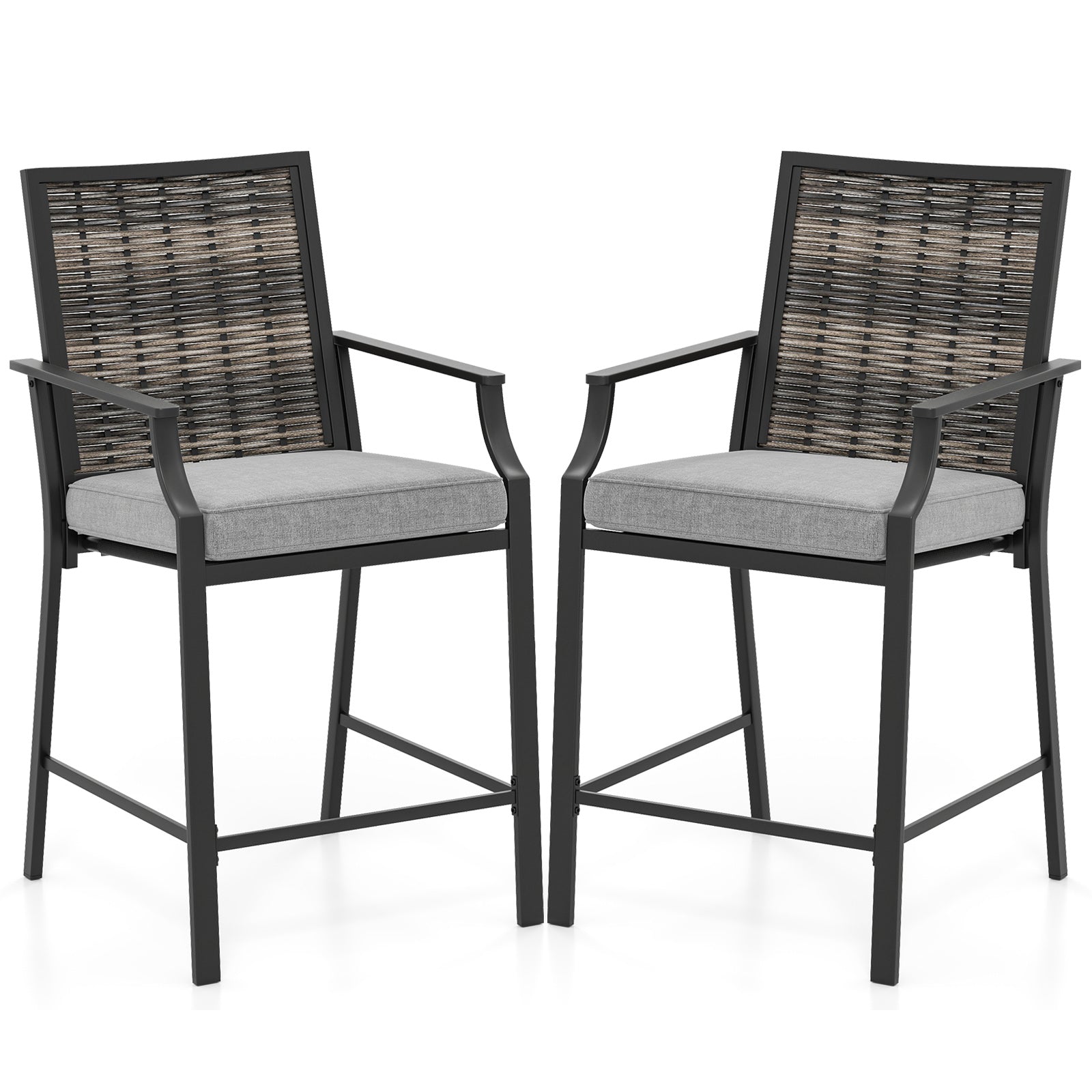 Patio Bar Stools Set of 2 Counter Height Rattan Bar Chairs with Armrest-Grey