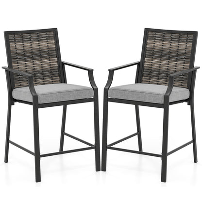 Patio Bar Stools Set of 2 Counter Height Rattan Bar Chairs with Armrest-Grey