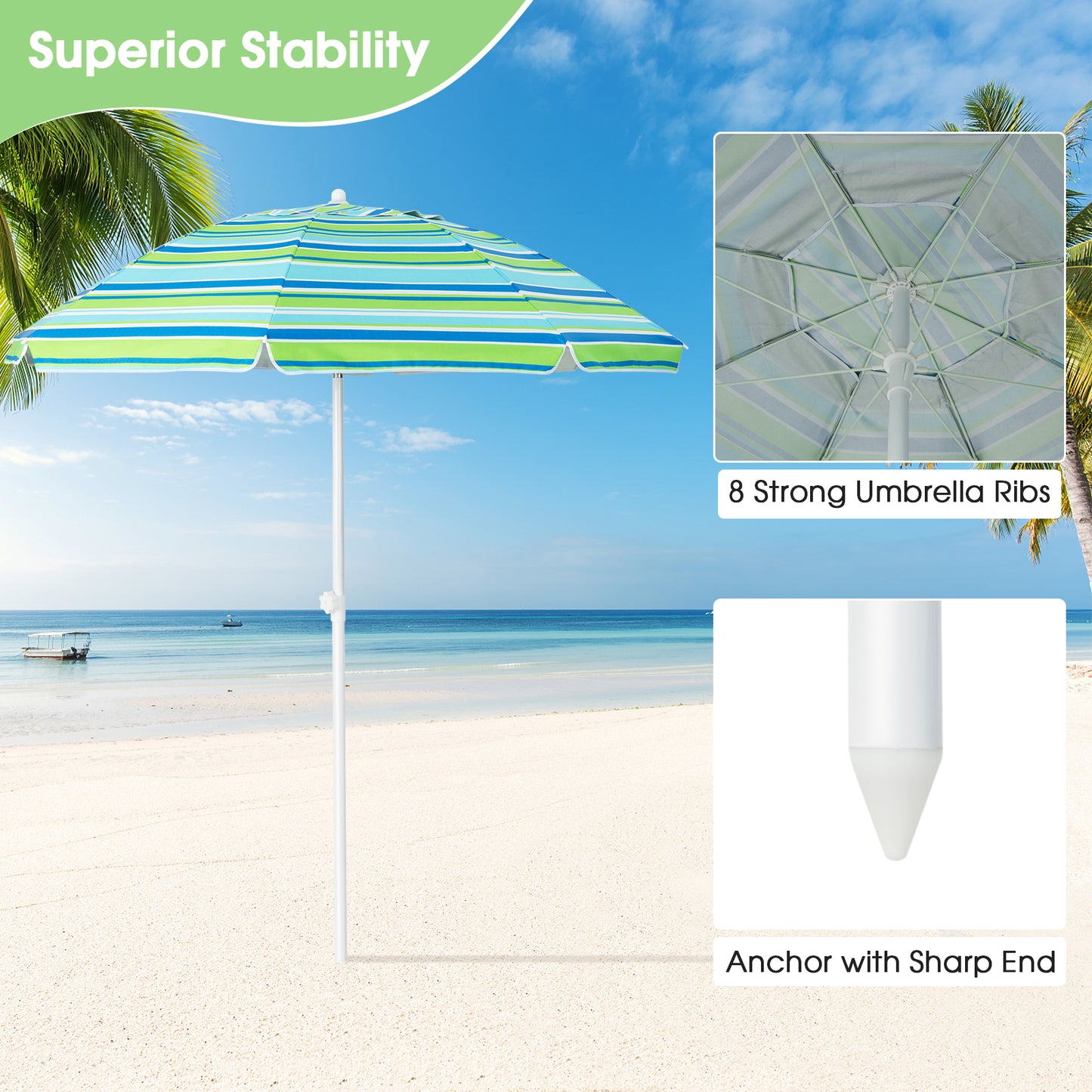 6.5 Feet Patio Beach Umbrella with Waterproof Polyester Fabric-Green