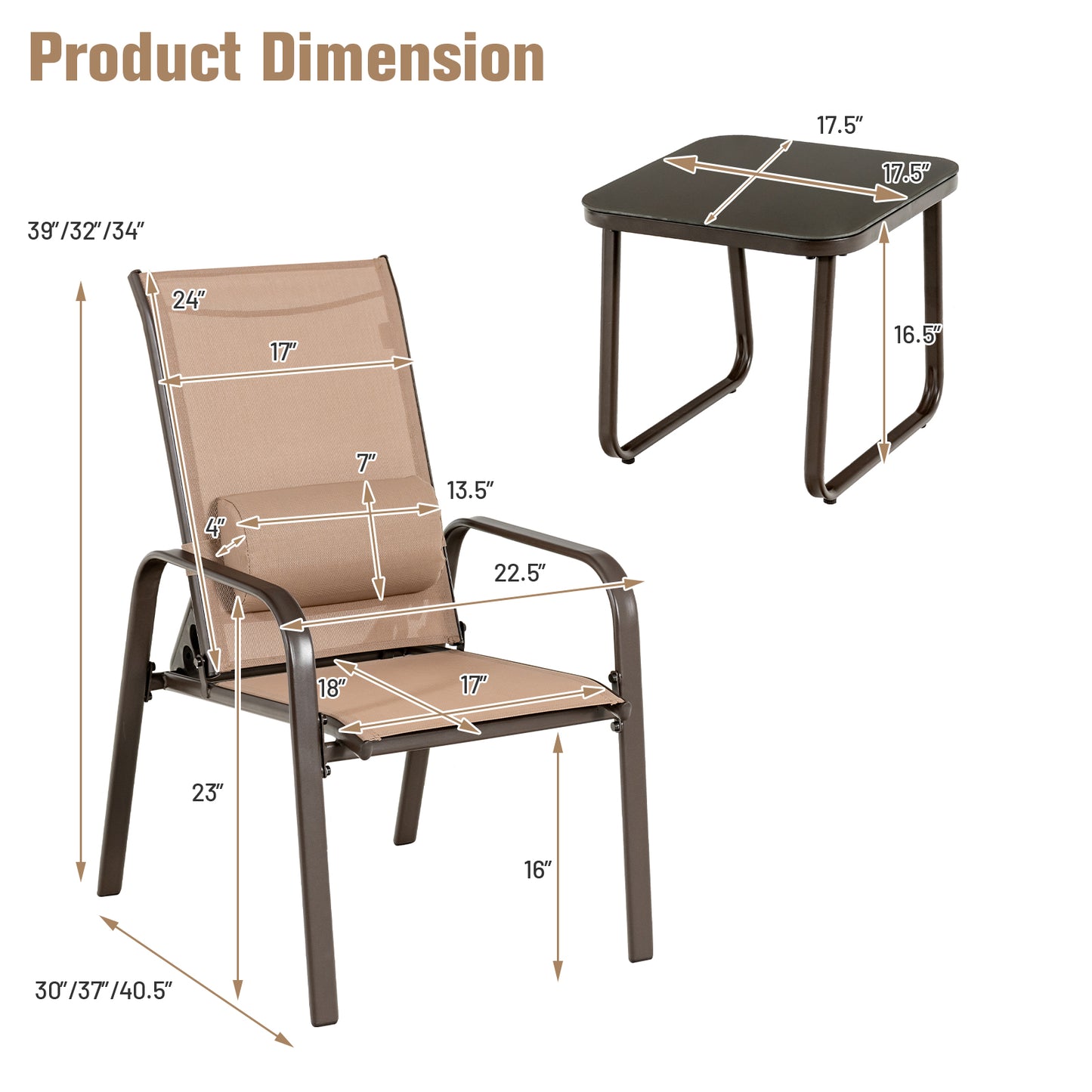 3 Pieces Patio Bistro Furniture Set with Adjustable Backrest-Gray - Brown