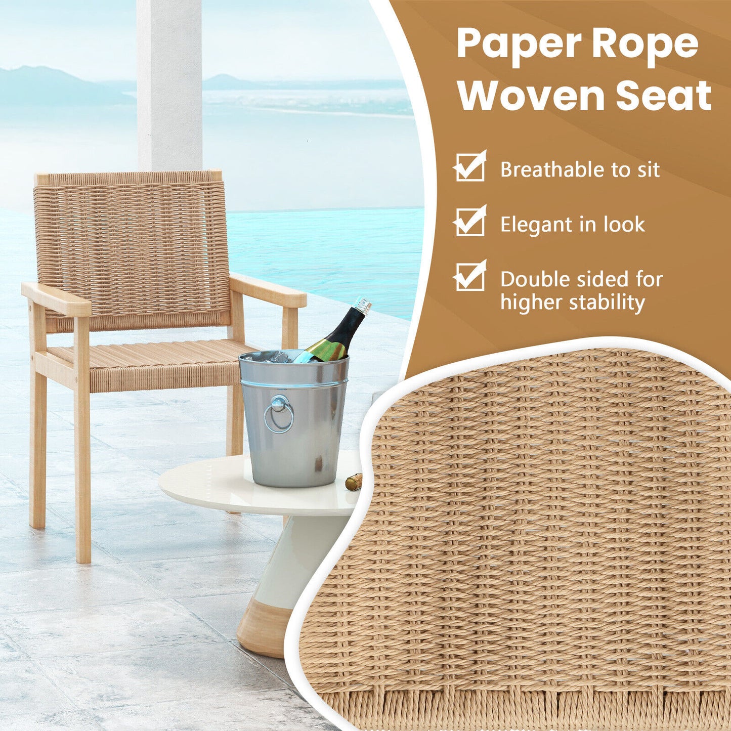 Wood Dining Chair Set of 2 with Woven Rope Seat