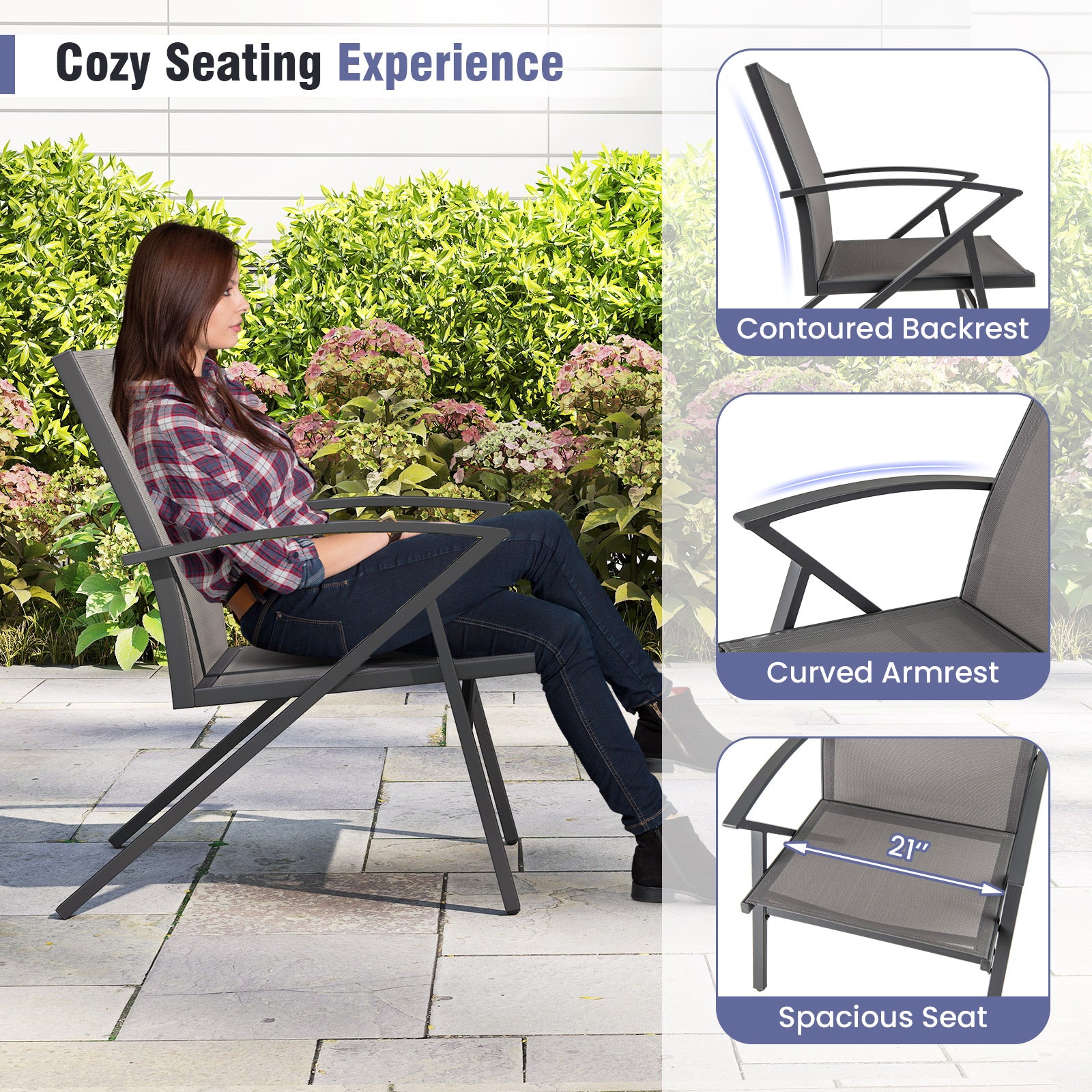 Patio Chairs Set of 2 Lawn Chairs with Heavy Duty Metal Frame-Grey