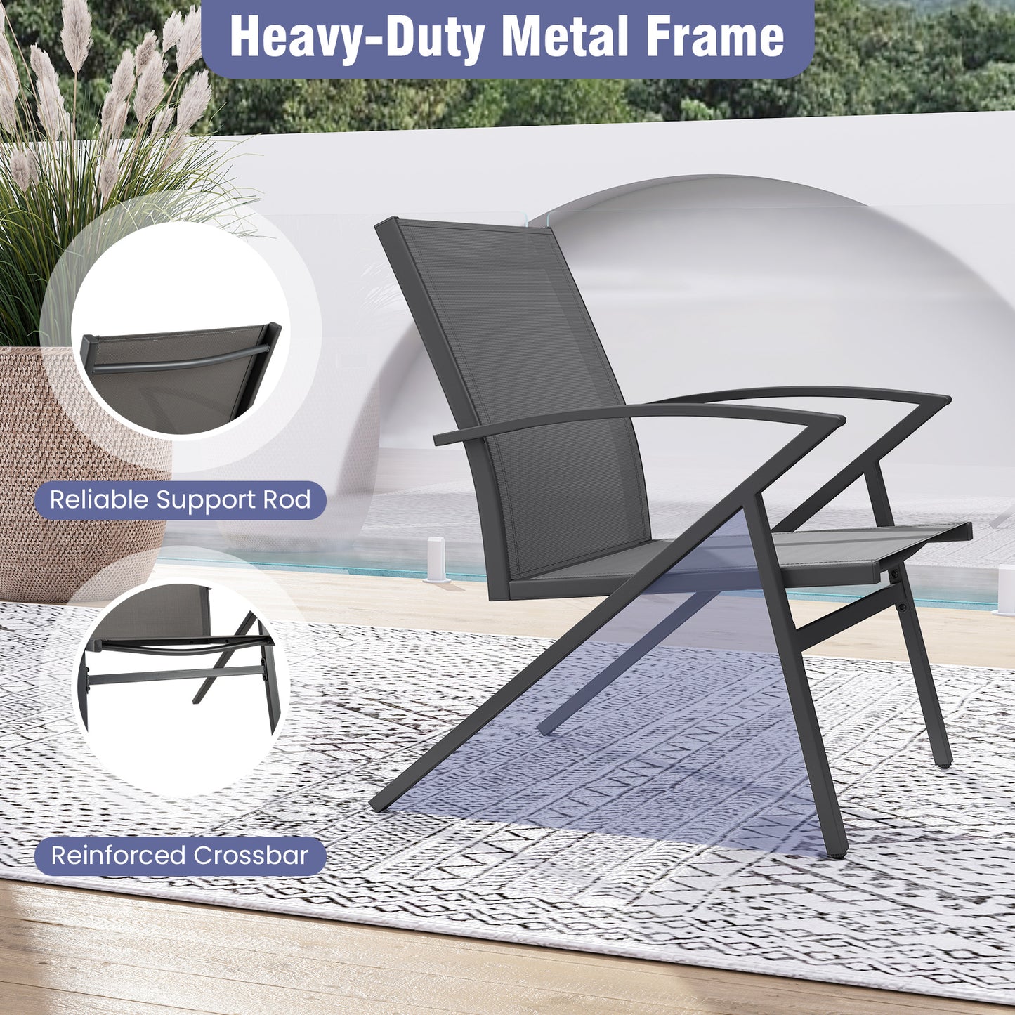 Patio Chairs Set of 2 Lawn Chairs with Heavy Duty Metal Frame-Grey