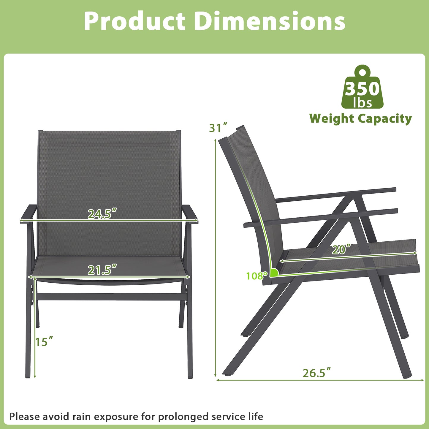 Patio Chairs Set of 2 with Breathable Mesh Fabric and Metal Frame-Gray