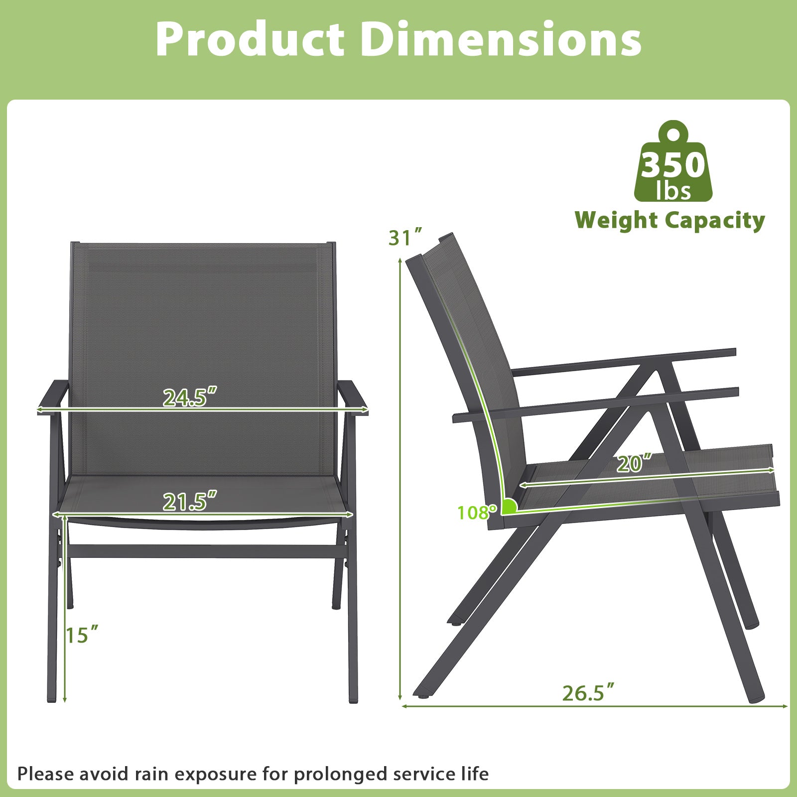 Patio Chairs Set of 2 with Breathable Mesh Fabric and Metal Frame-Gray
