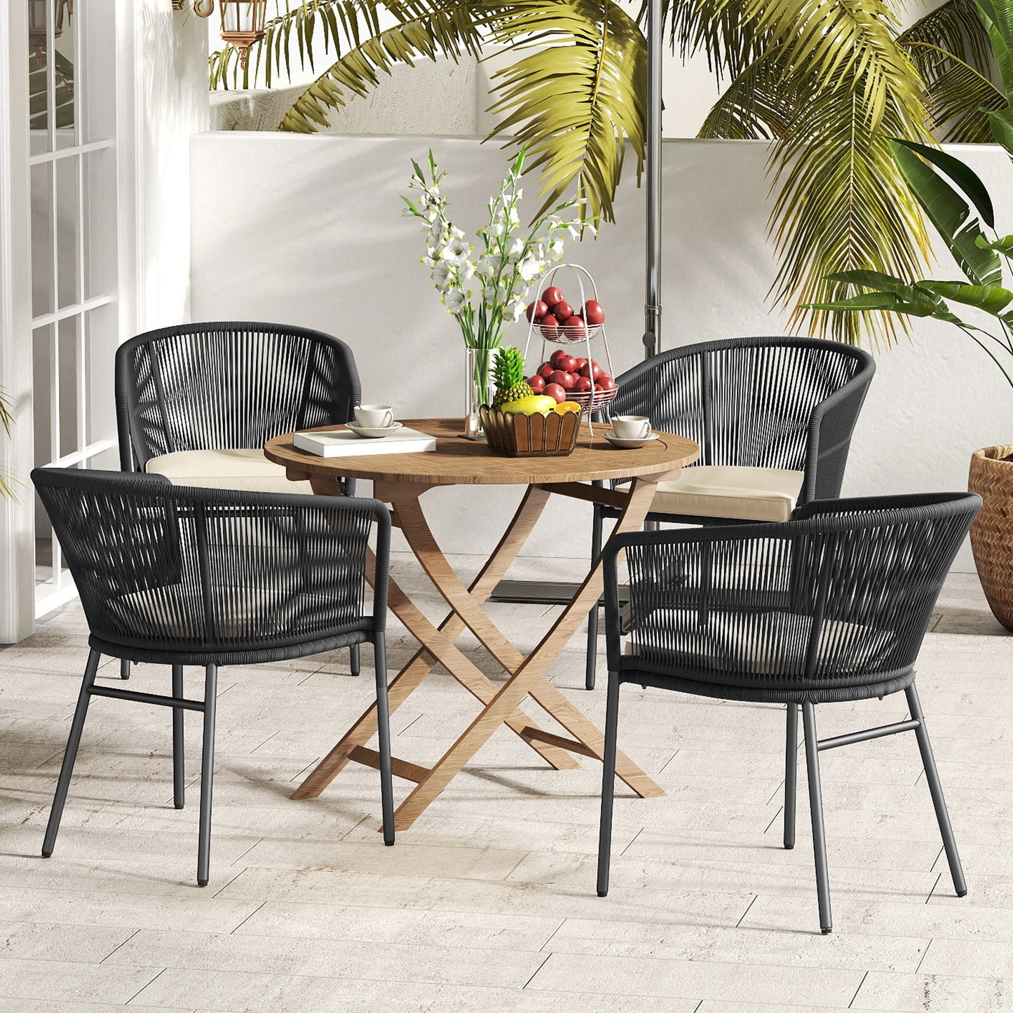 Patio Chairs Set of 4 with Seat Cushion and Curved Backrest for Patio-Black - Black