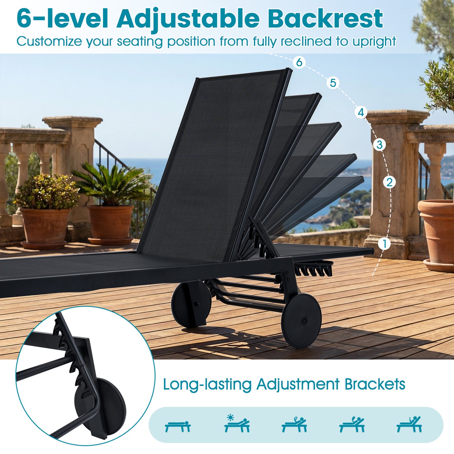 Patio Chaise Lounge Chair with Wheels and 6-Level Adjustable Backrest Set of 1