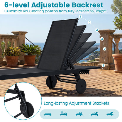 Patio Chaise Lounge Chair with Wheels and 6-Level Adjustable Backrest Set of 1