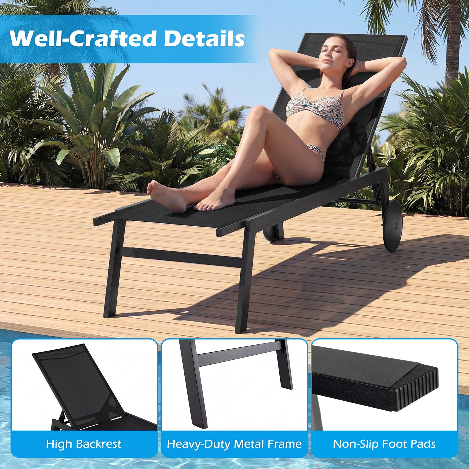 Patio Chaise Lounge Chair with Wheels and 6-Level Adjustable Backrest Set of 2