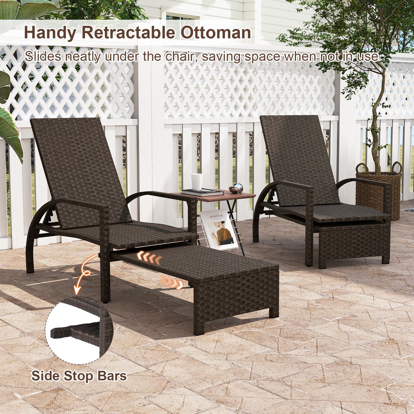 Patio Chaise Lounge Outdoor Rattan Lounge Chair with Retractable Ottoman