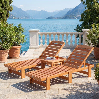 Patio Chaise Lounge Chair Solid Wood Slatted Recliner with Adjustable Backrest