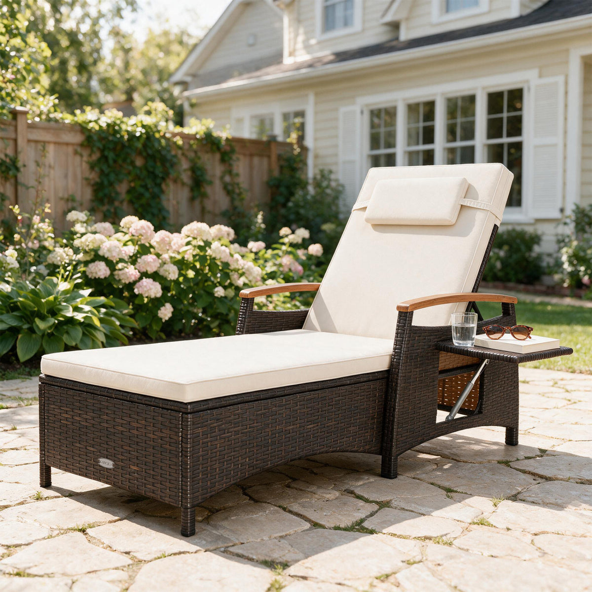 Adjustable Patio Chaise Lounge with Removable Cushion & Side Table