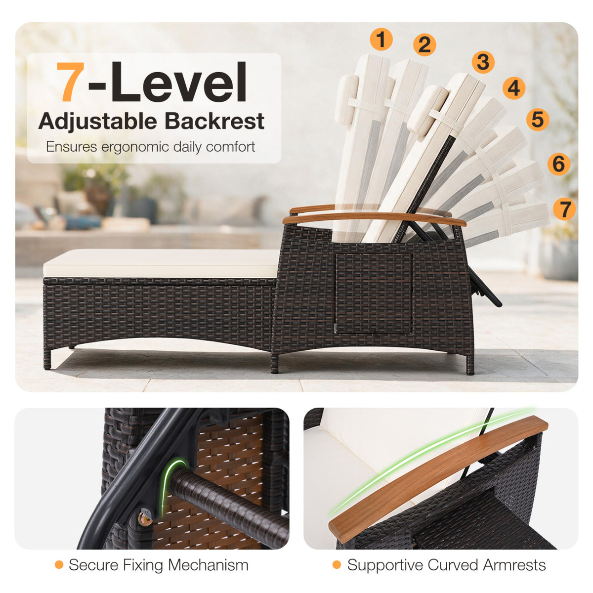 Adjustable Patio Chaise Lounge with Removable Cushion & Side Table