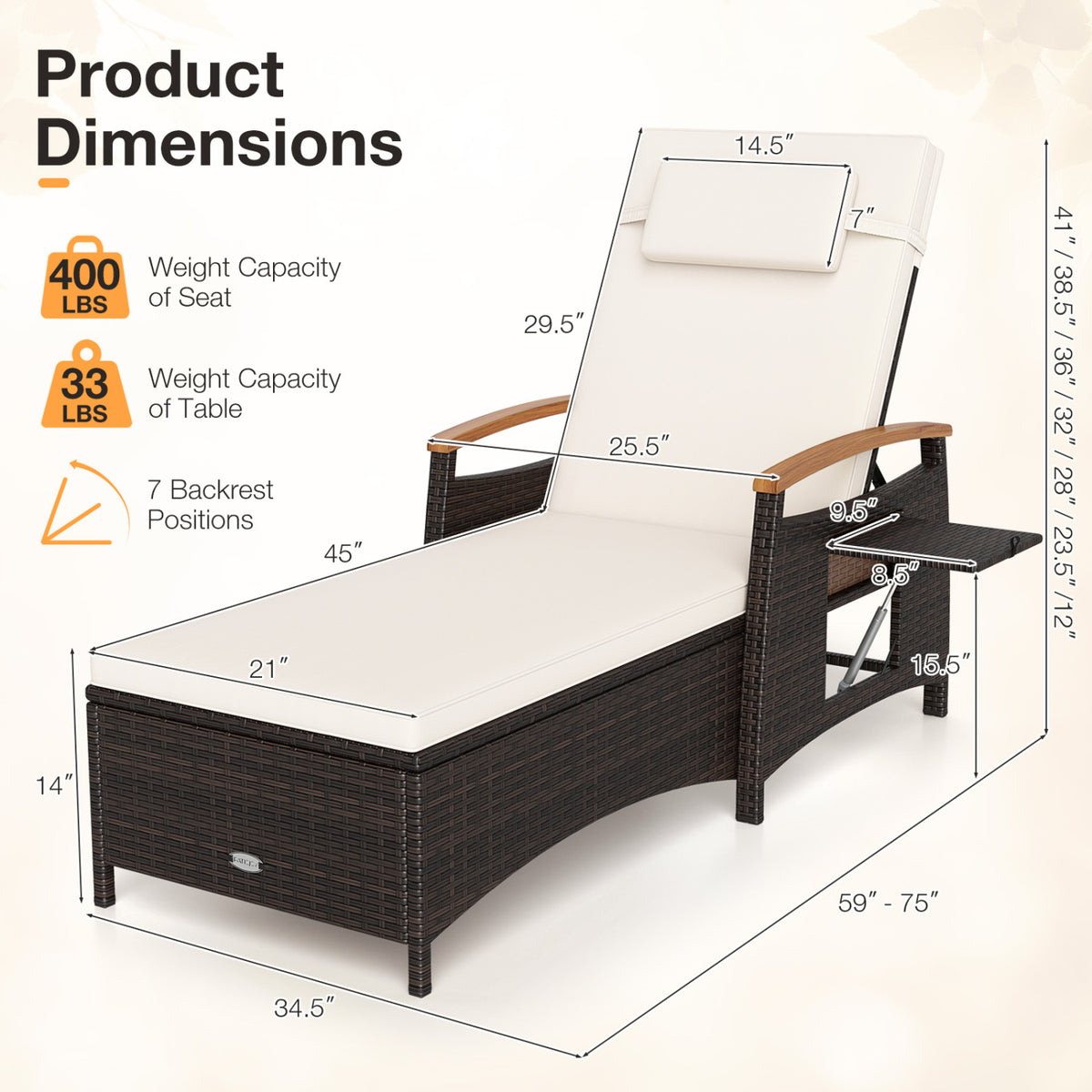 Adjustable Patio Chaise Lounge with Removable Cushion & Side Table