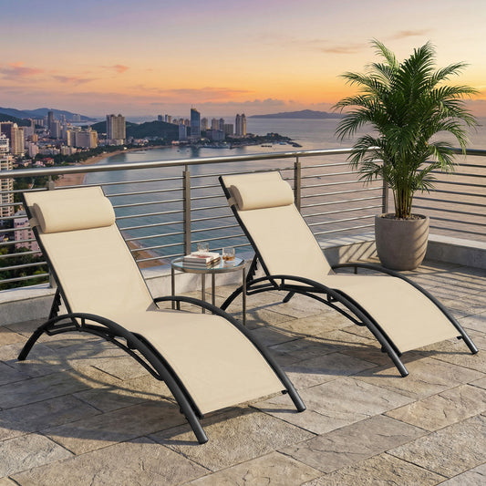 Patio Chaise Lounges Set of 2 Outdoor Recliner with 5-Position Backrest-Beige