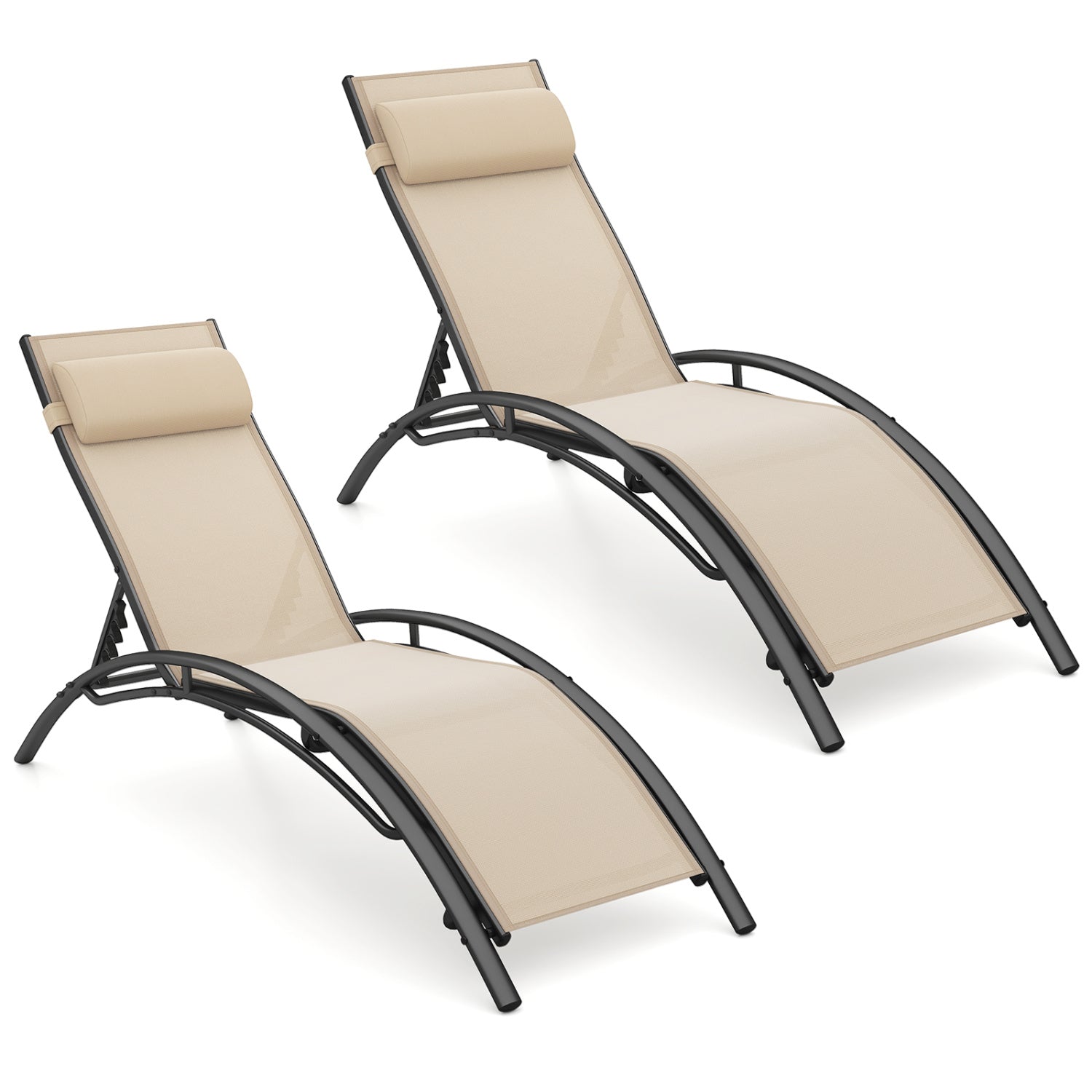 Patio Chaise Lounges Set of 2 Outdoor Recliner with 5-Position Backrest-Beige