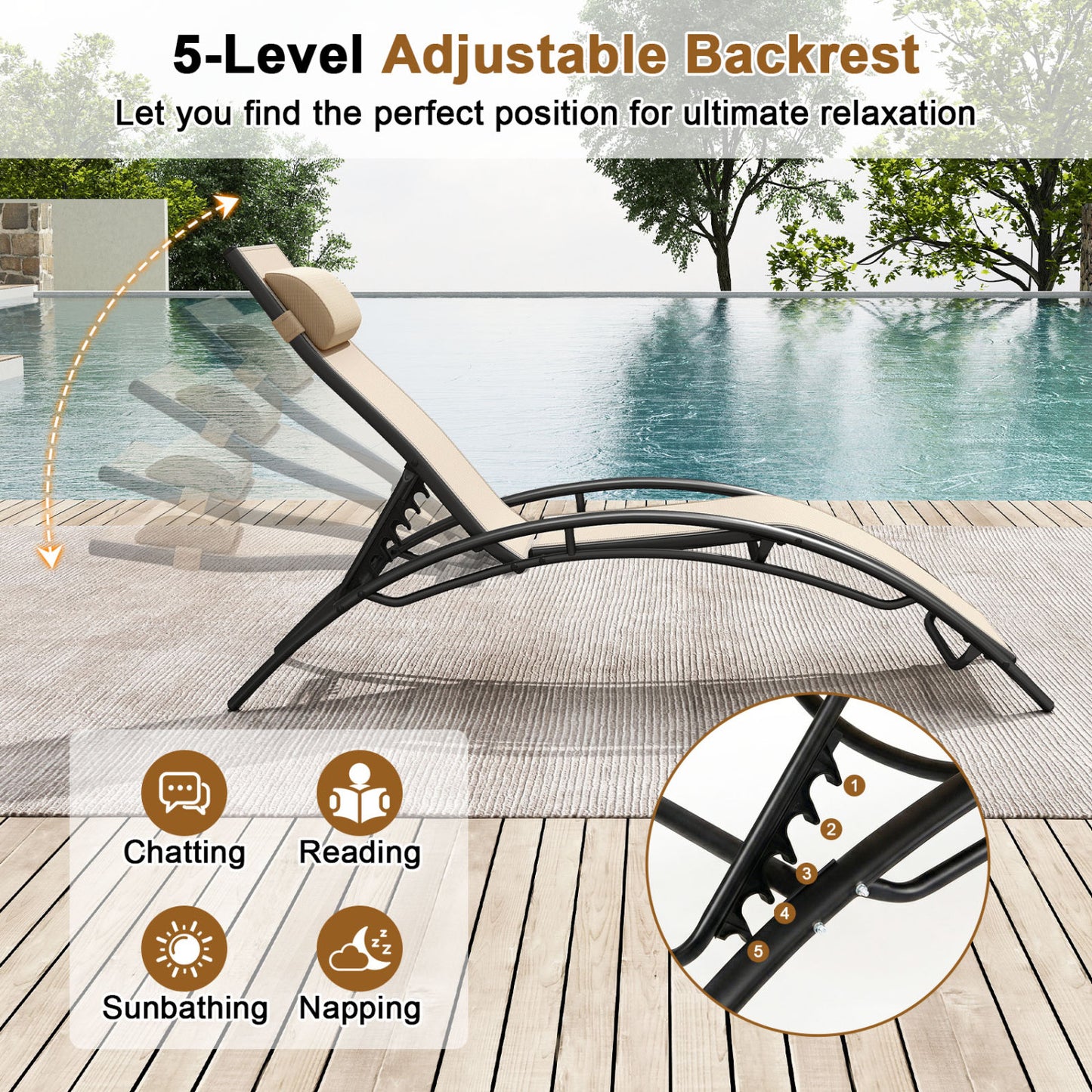 Patio Chaise Lounges Set of 2 Outdoor Recliner with 5-Position Backrest-Beige