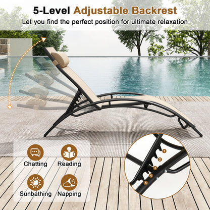 Patio Chaise Lounges Set of 2 Outdoor Recliner with 5-Position Backrest-Beige