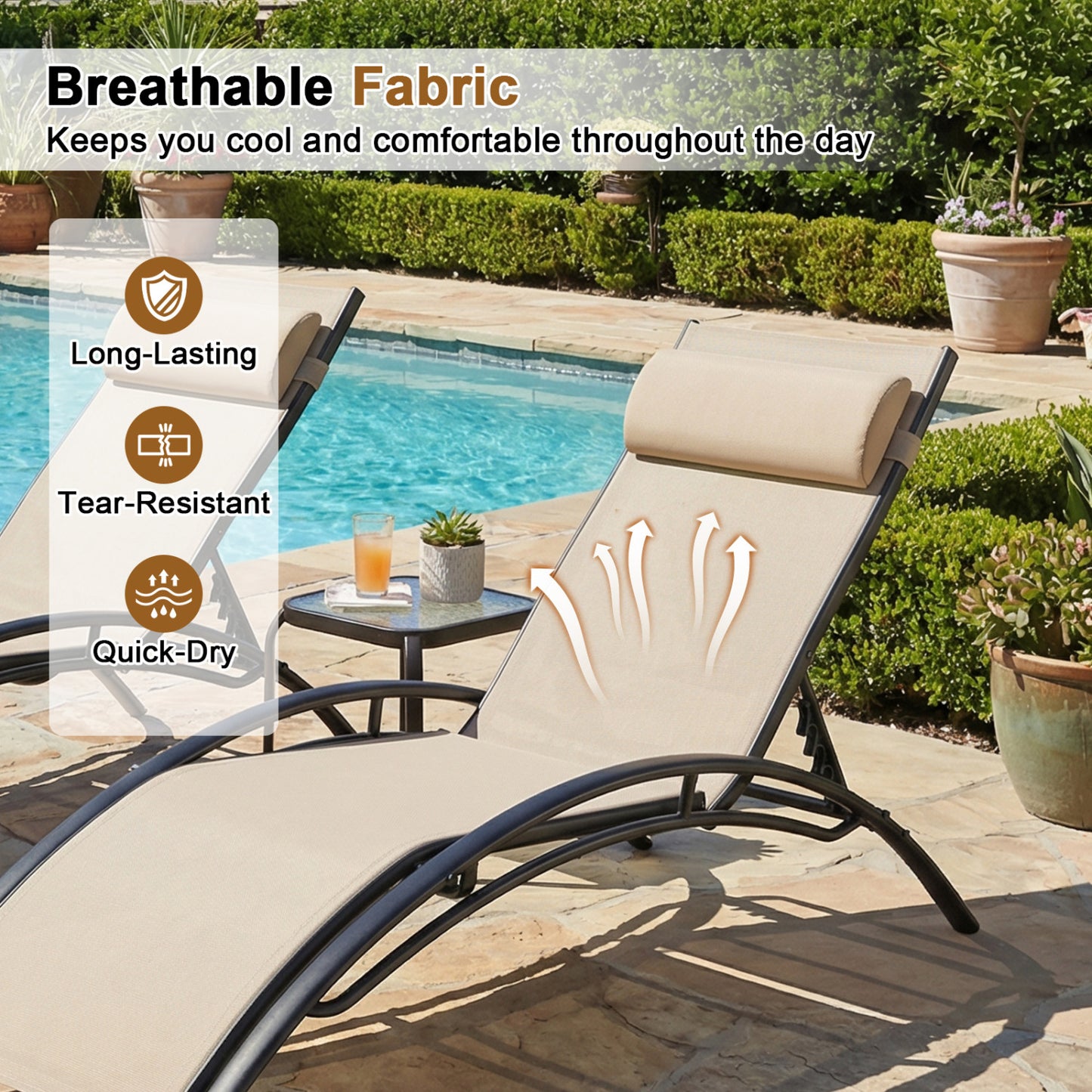 Patio Chaise Lounges Set of 2 Outdoor Recliner with 5-Position Backrest-Beige