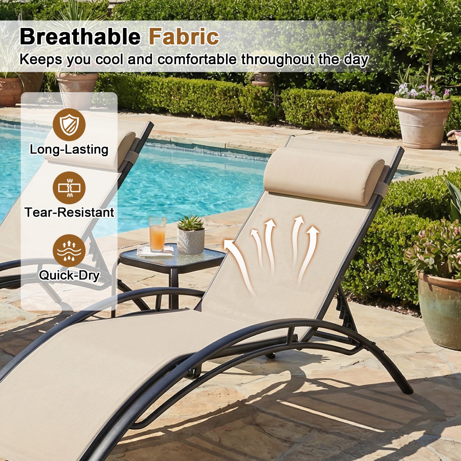 Patio Chaise Lounges Set of 2 Outdoor Recliner with 5-Position Backrest-Beige