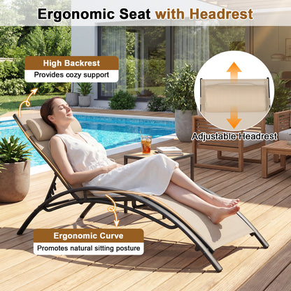 Patio Chaise Lounges Set of 2 Outdoor Recliner with 5-Position Backrest-Beige